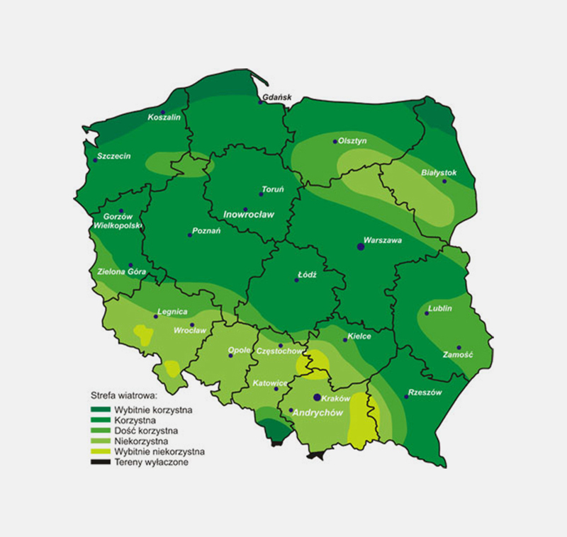 Strefa wiatrowa dla Polski - mapa